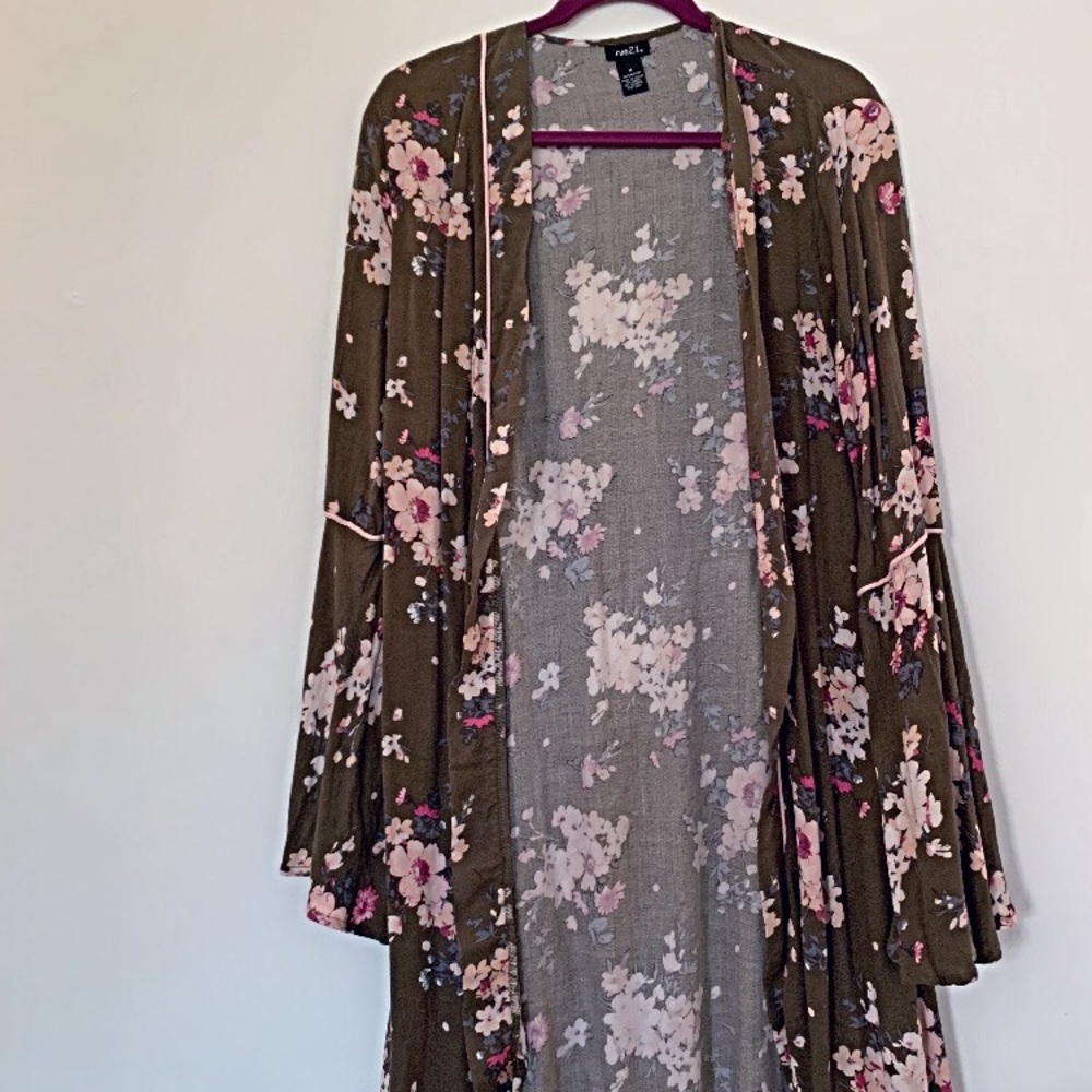 Olive green floral kimono